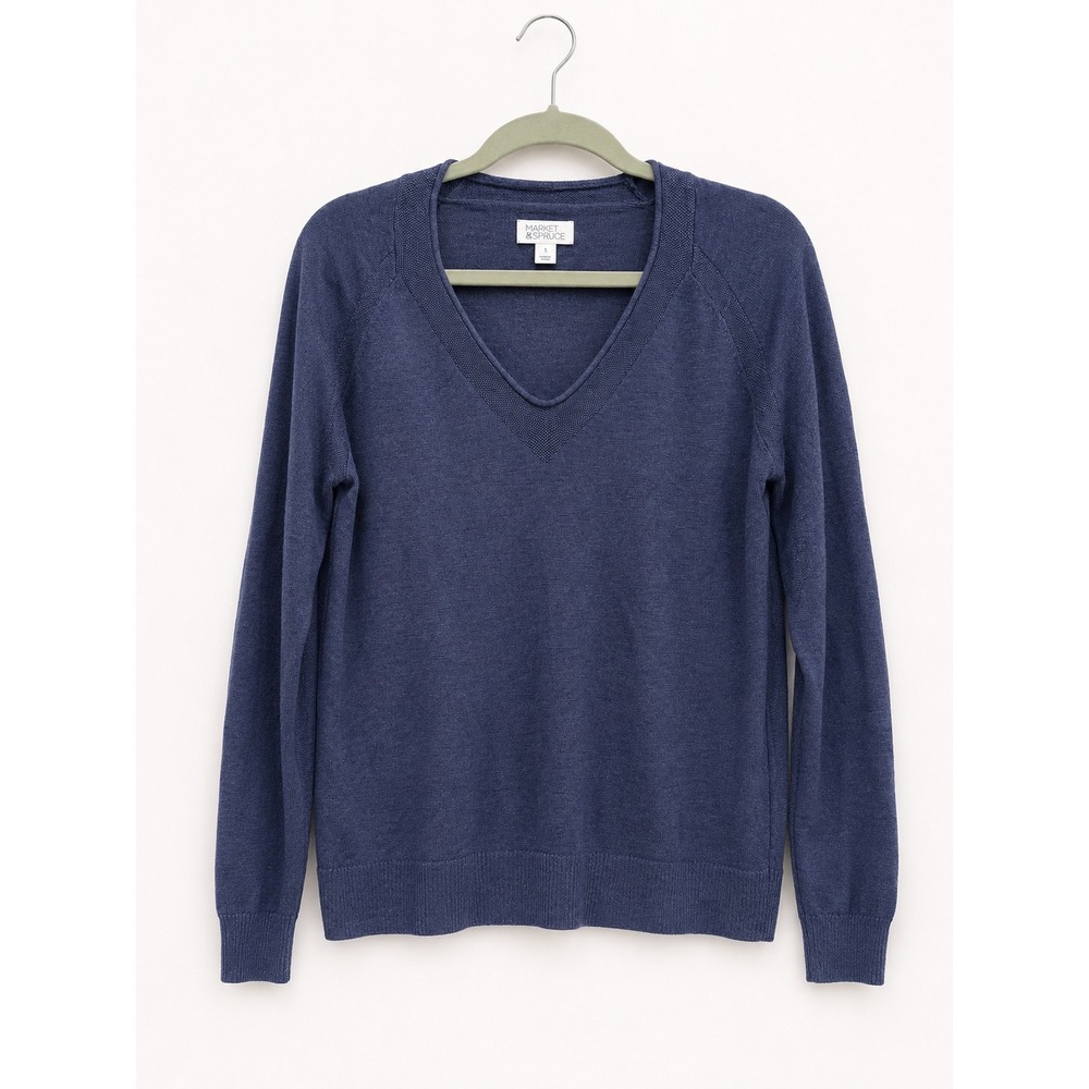 Market & Spruce Sweater Womens L Blue Linen Blend V-Neck Coastal‎ Resort